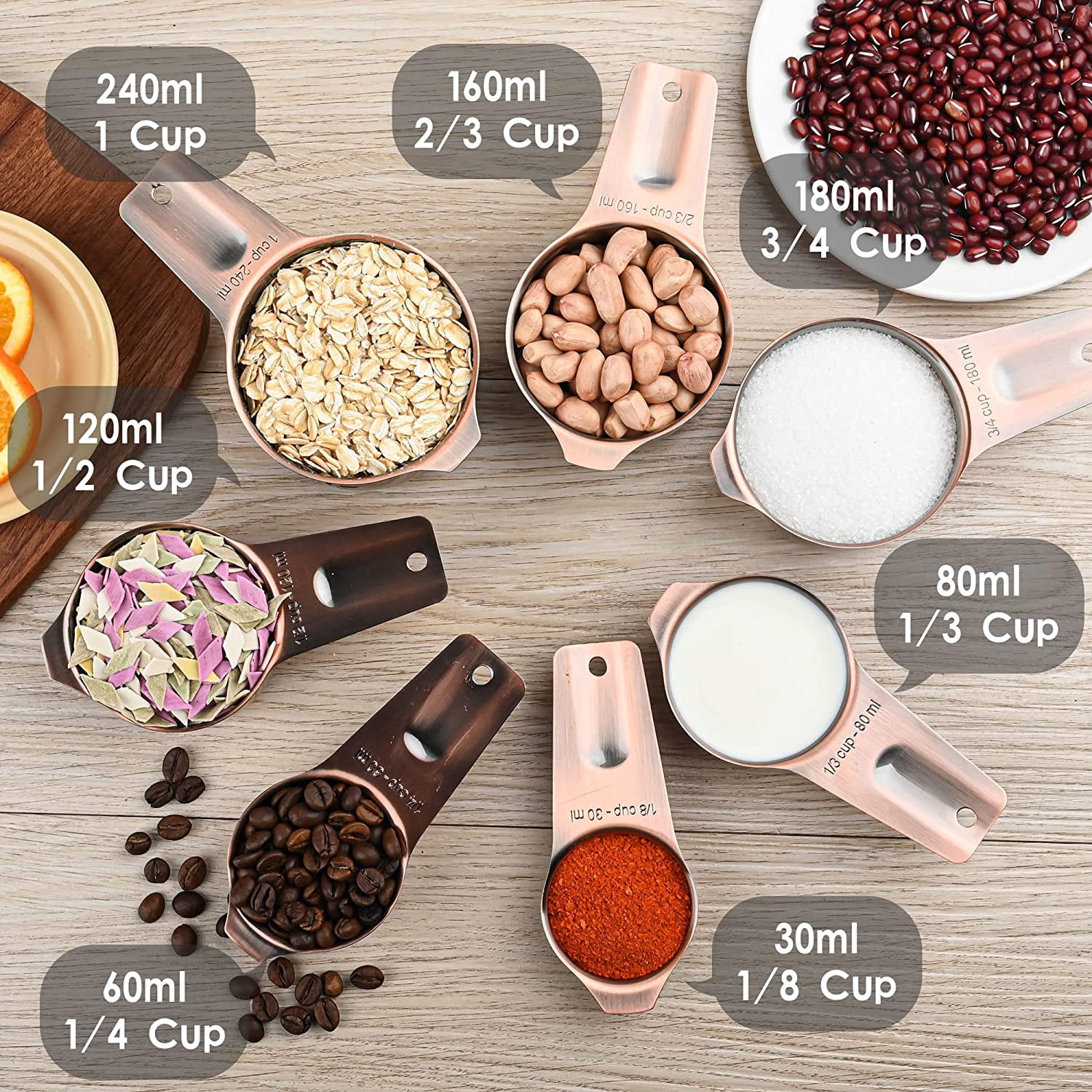 Measuring Cups and Spoons Set, Copper Plated Measuring Cups Spoons, Stainless Steel 7 Measuring cups and 9 Measuring Spoons 1 Leveler for Baking and Kitchen, Metal Copper Measure Cups&Spoons - Image 8