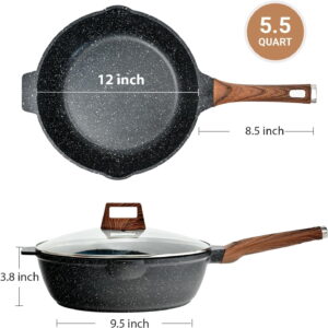 Nonstick Deep Frying Pan with Lid and Spatula, 12 Inch Saute Pan for Gas Induction Stovetops