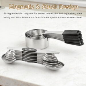 18PCS Magnetic Measuring Cups and Spoons Set, Stainless Steel with Silicone Handles, 5 Cups & 12 Spoons & 1 Graduated Leveler for Dry or Liquid Ingredients Baking & Cooking