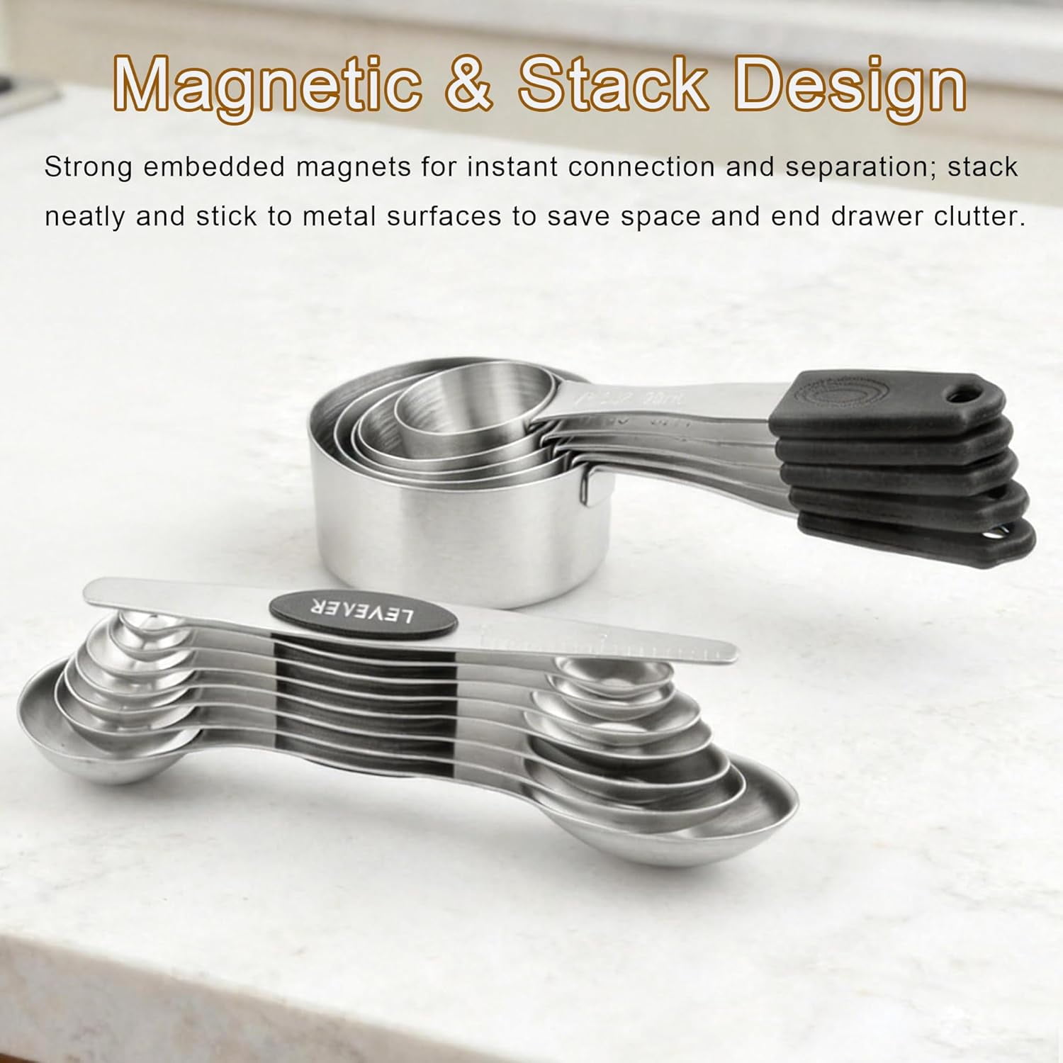 18PCS Magnetic Measuring Cups and Spoons Set, Stainless Steel with Silicone Handles, 5 Cups & 12 Spoons & 1 Graduated Leveler for Dry or Liquid Ingredients Baking & Cooking