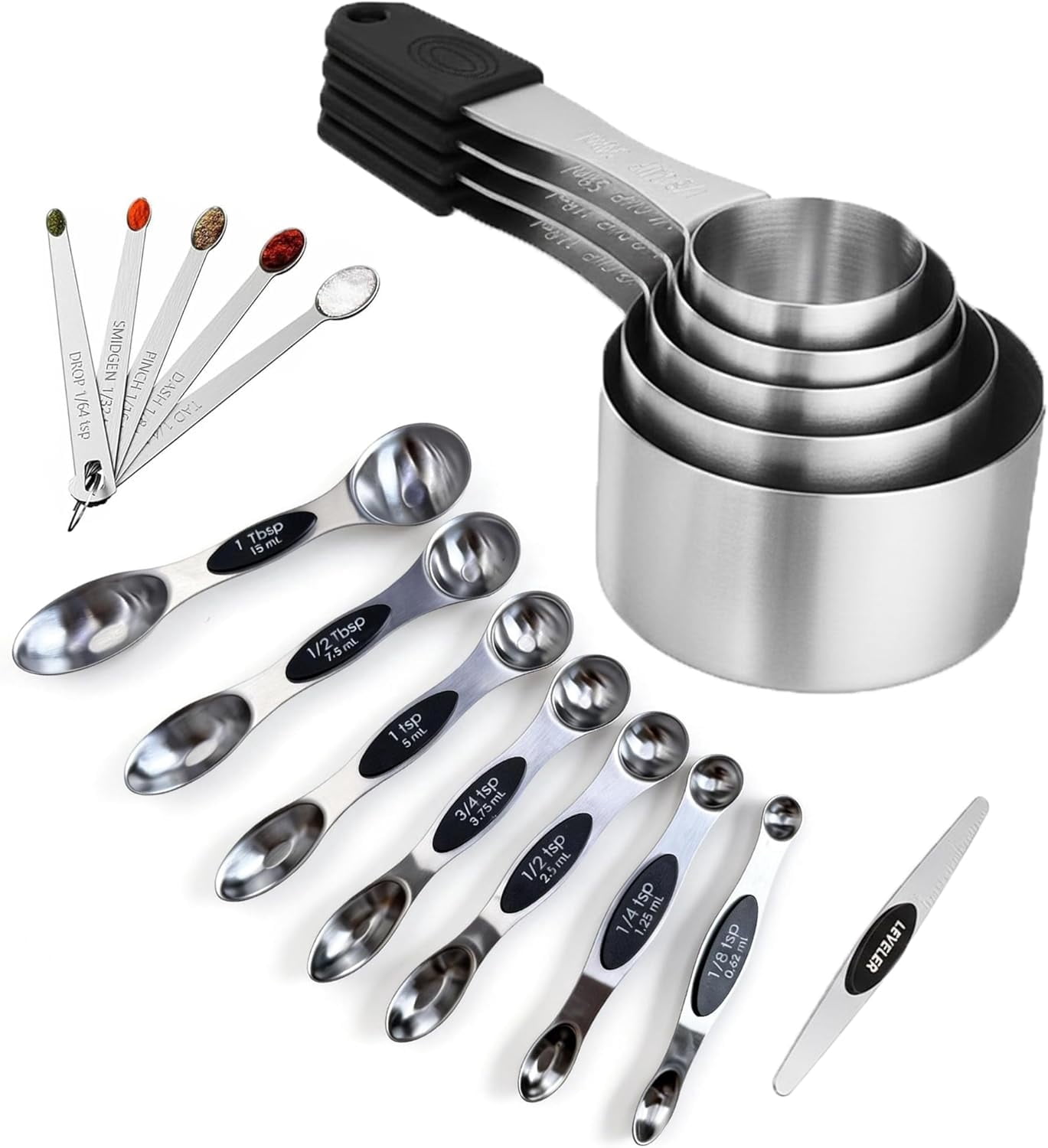 18PCS Magnetic Measuring Cups and Spoons Set, Stainless Steel with Silicone Handles, 5 Cups & 12 Spoons & 1 Graduated Leveler for Dry or Liquid Ingredients Baking & Cooking - Image 3