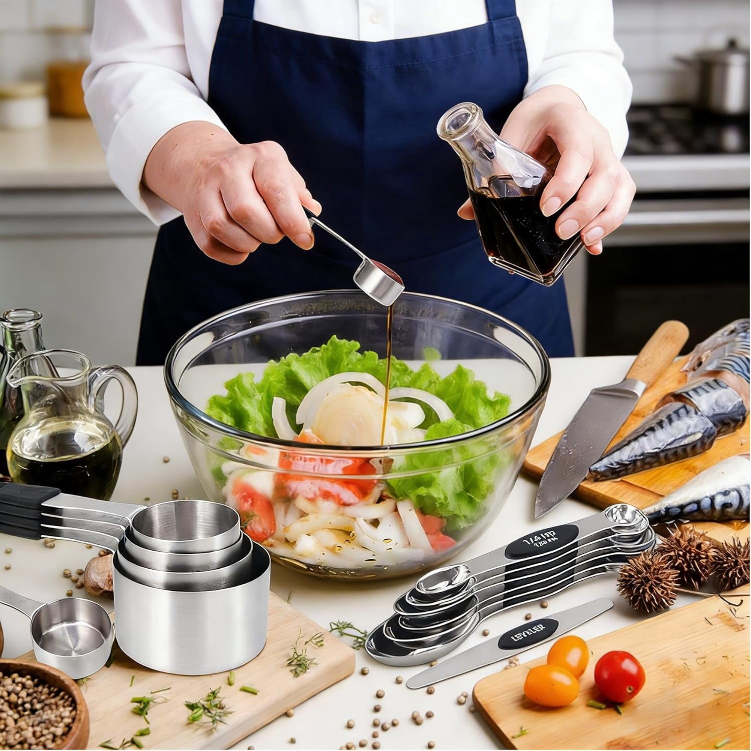 18PCS Magnetic Measuring Cups and Spoons Set, Stainless Steel with Silicone Handles, 5 Cups & 12 Spoons & 1 Graduated Leveler for Dry or Liquid Ingredients Baking & Cooking - Image 4