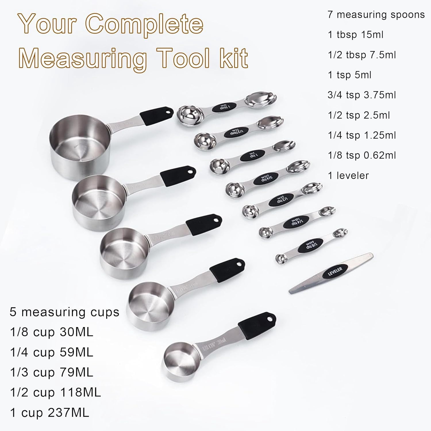 18PCS Magnetic Measuring Cups and Spoons Set, Stainless Steel with Silicone Handles, 5 Cups & 12 Spoons & 1 Graduated Leveler for Dry or Liquid Ingredients Baking & Cooking - Image 7