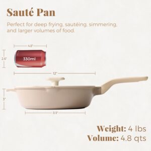 Nonstick Deep Frying Pan with Glass Lid, 12 Inch (4.8 qt), 5X Nonstick Sauté Pan