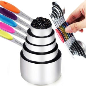 measuring cups and magnetic measuring spoons set, stainless steel measuring cups, 6 double-sided stainless steel measuring spoons & 1 leveler (5+7)