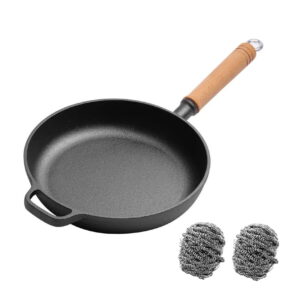 Cast Iron Frying Pan 9.8 Inch - Nonstick Skillet, Pre-Seasoned, Wooden Handle - Steak, Pancake, & Versatile Cookware for Gas, Electric, IH Stoves