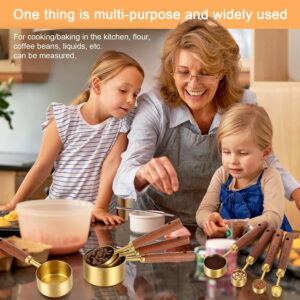 8Pcs Measuring Cups and Spoons Set, Gold Stainless Steel Measuring Cups with Wooden Handle, Nesting Measure Spoons and Cup Kitchen Measure Set for Kitchen/Food/Baking$$Home Decor, Kitchen, & Other