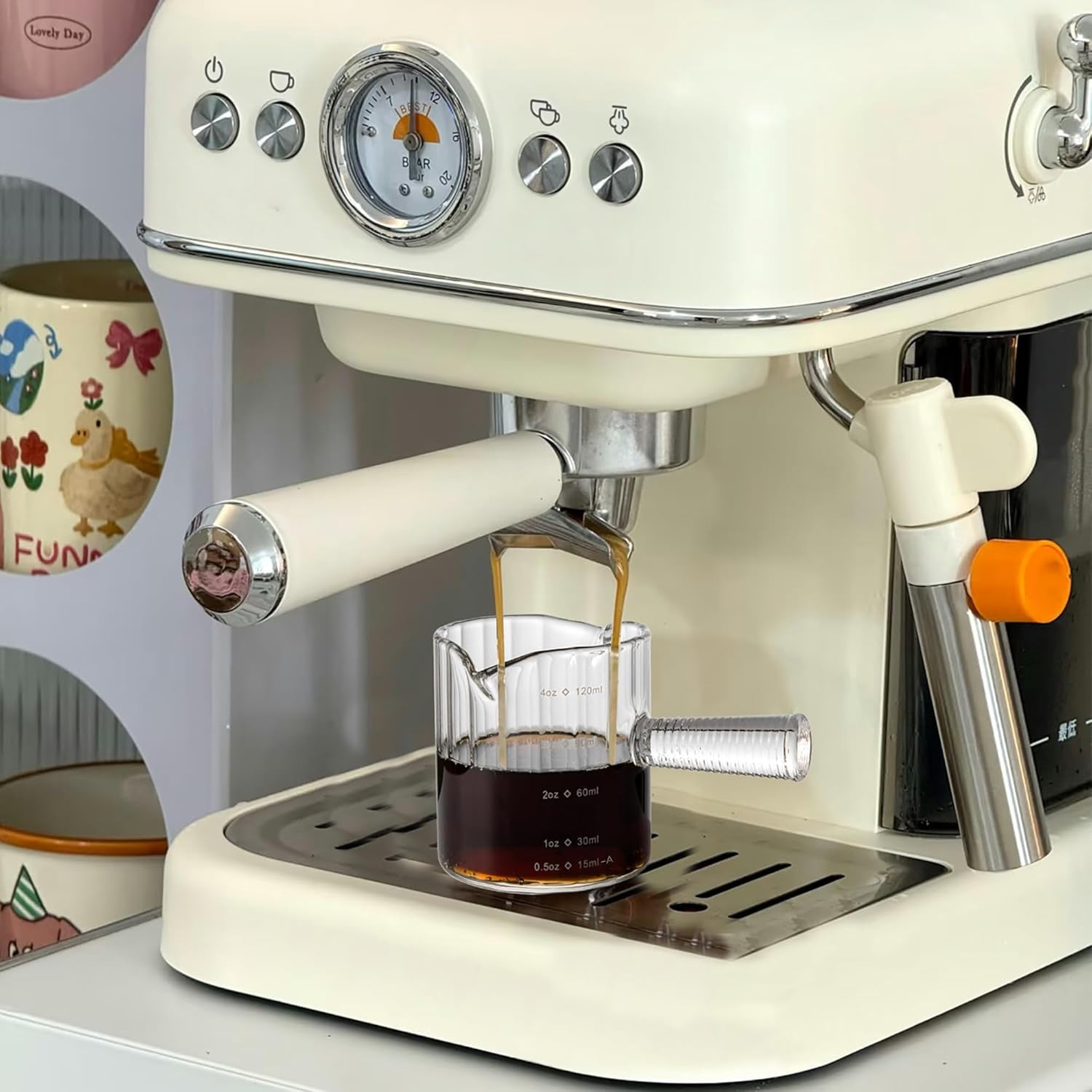 Espresso Cups Set of 2, 4 OZ Glass Double Spouts Cups, Shot Glasses, Milk Cup with Glass Handle for Dishwasher Safe, Espresso Accessories for Machine, Demitasse Cups, Small - Image 2