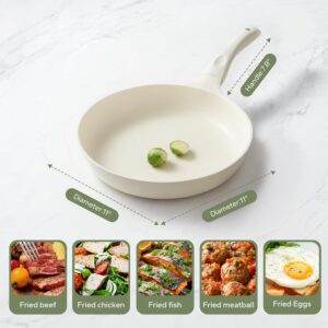 Ceramic Pan Nonstick, Nonstick Frying Pan, Large Fry Pans, PFAS & PFOA-Free, Non-Toxic, Induction Compatible Pans, Ergonomic Handles, Suitable for All Stove, Beige White, 11"