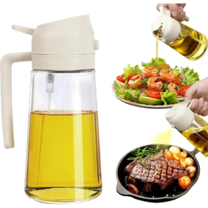 Beige 2 in 1 Oil Sprayer Dispenser, 470ml Glass Oil Bottle with Handle, Food Safe, Anti-Drip, Ideal for Cooking, Salad, BBQ, Air Fryer, Kitchen Use