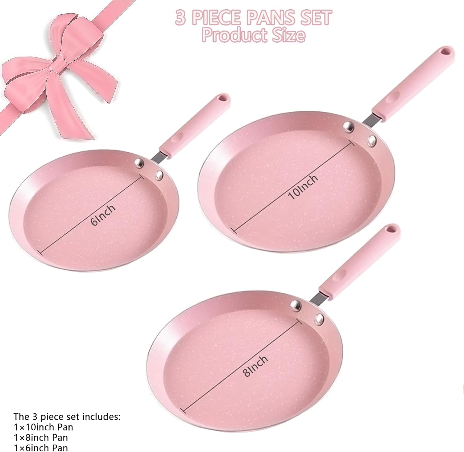 Nonstick Frying Pan Set, 3 Piece Pink Cookware with Non Stick Coating for All Stoves - Image 2