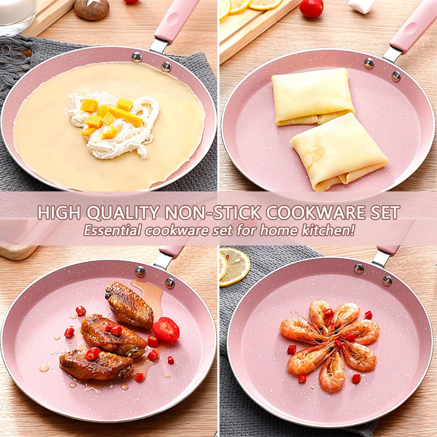 Nonstick Frying Pan Set, 3 Piece Pink Cookware with Non Stick Coating for All Stoves - Image 7