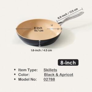 Hard Anodized Nonstick Frying Pan, 8-inch Ceramic Skillet, Induction Compatible, Oven Safe, Black & Apricot