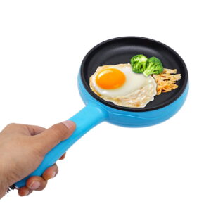 Round Non-Stick Mini Frying Pan Electric Skillet Blue 450W W/ Wooden Spatula