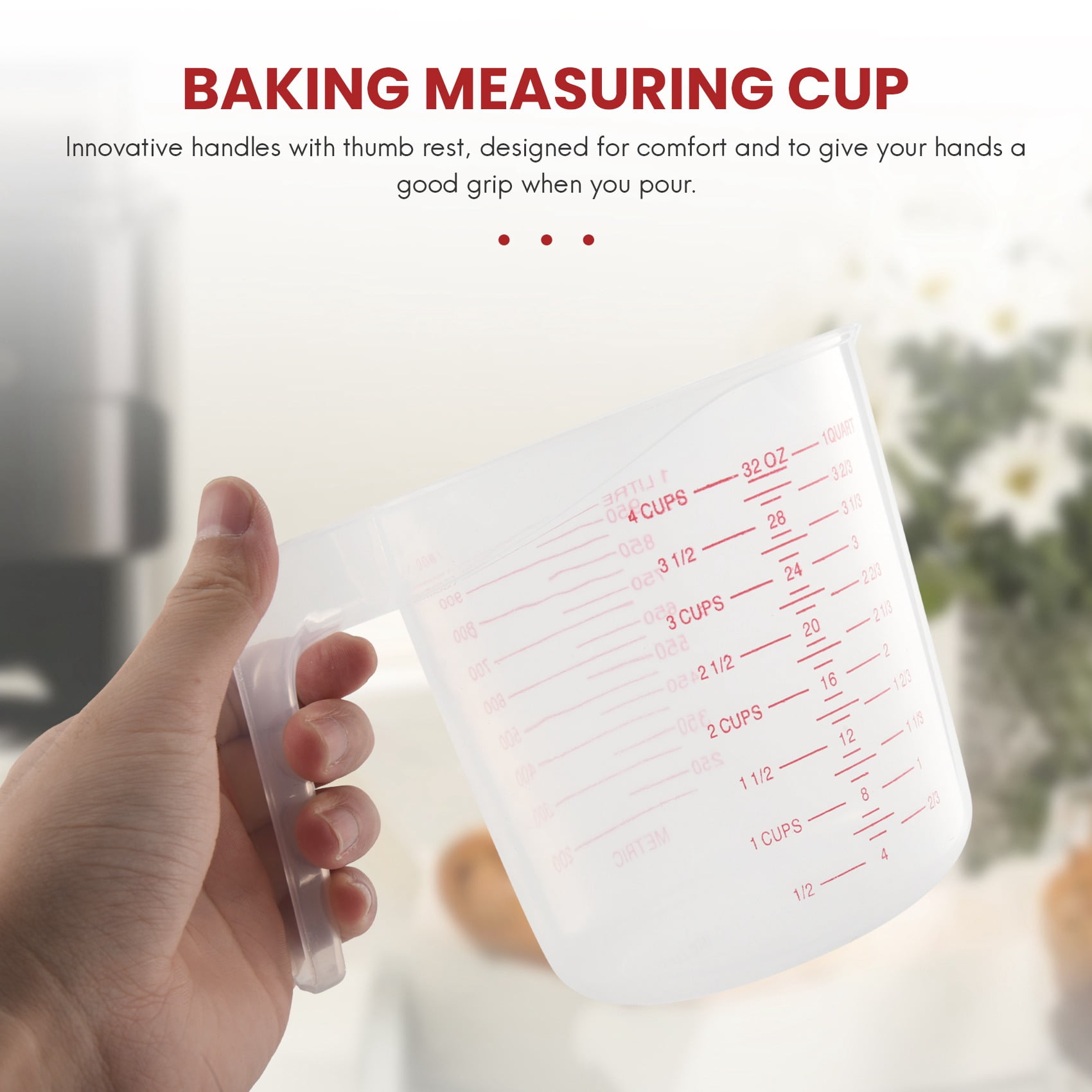 3pc Plastic Measuring Jug Set Large 4 Cup, 2 Cup and 1 Capacity Free Beakers with Angled Grip Essential Kitchen Accessories - Image 4