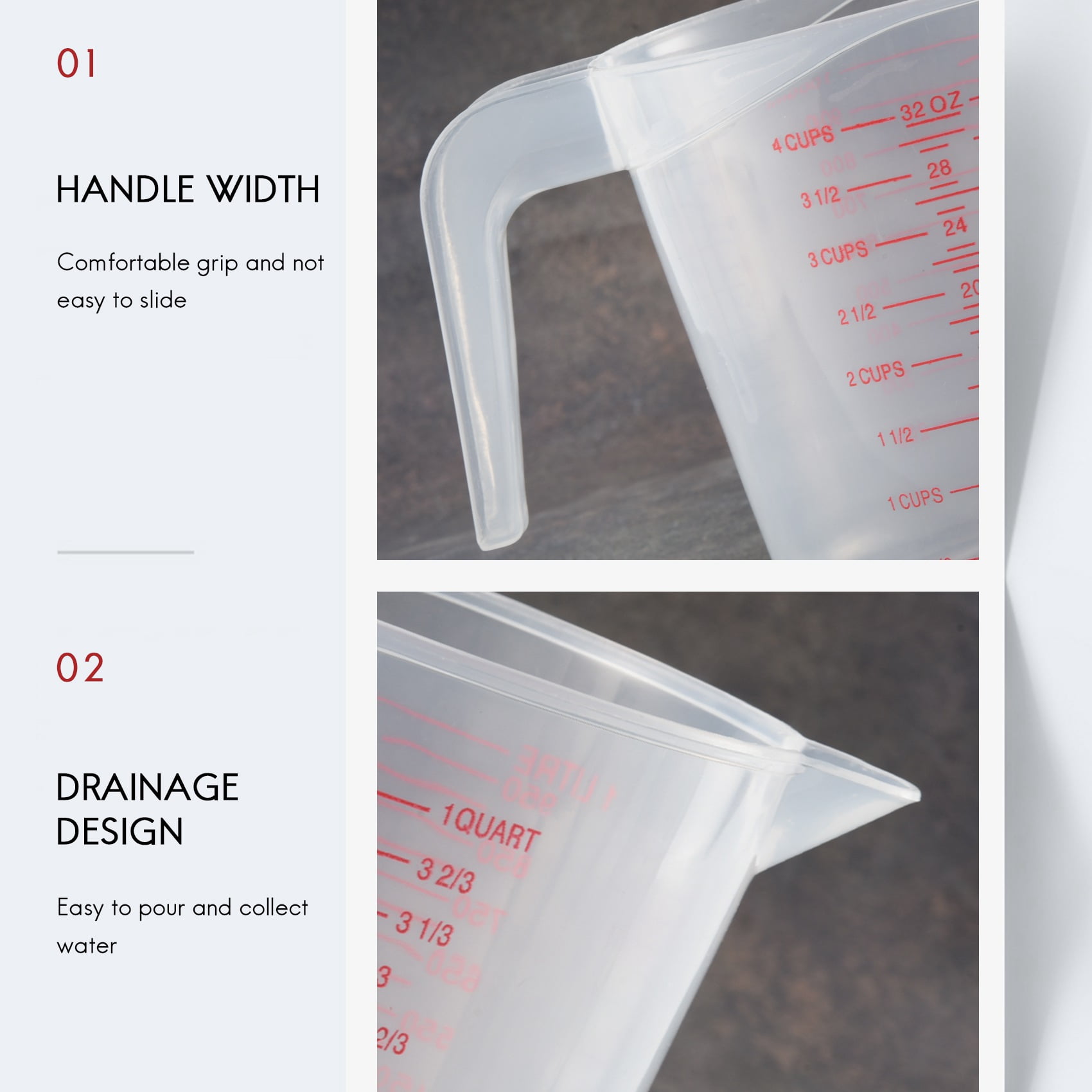 3pc Plastic Measuring Jug Set Large 4 Cup, 2 Cup and 1 Capacity Free Beakers with Angled Grip Essential Kitchen Accessories - Image 6