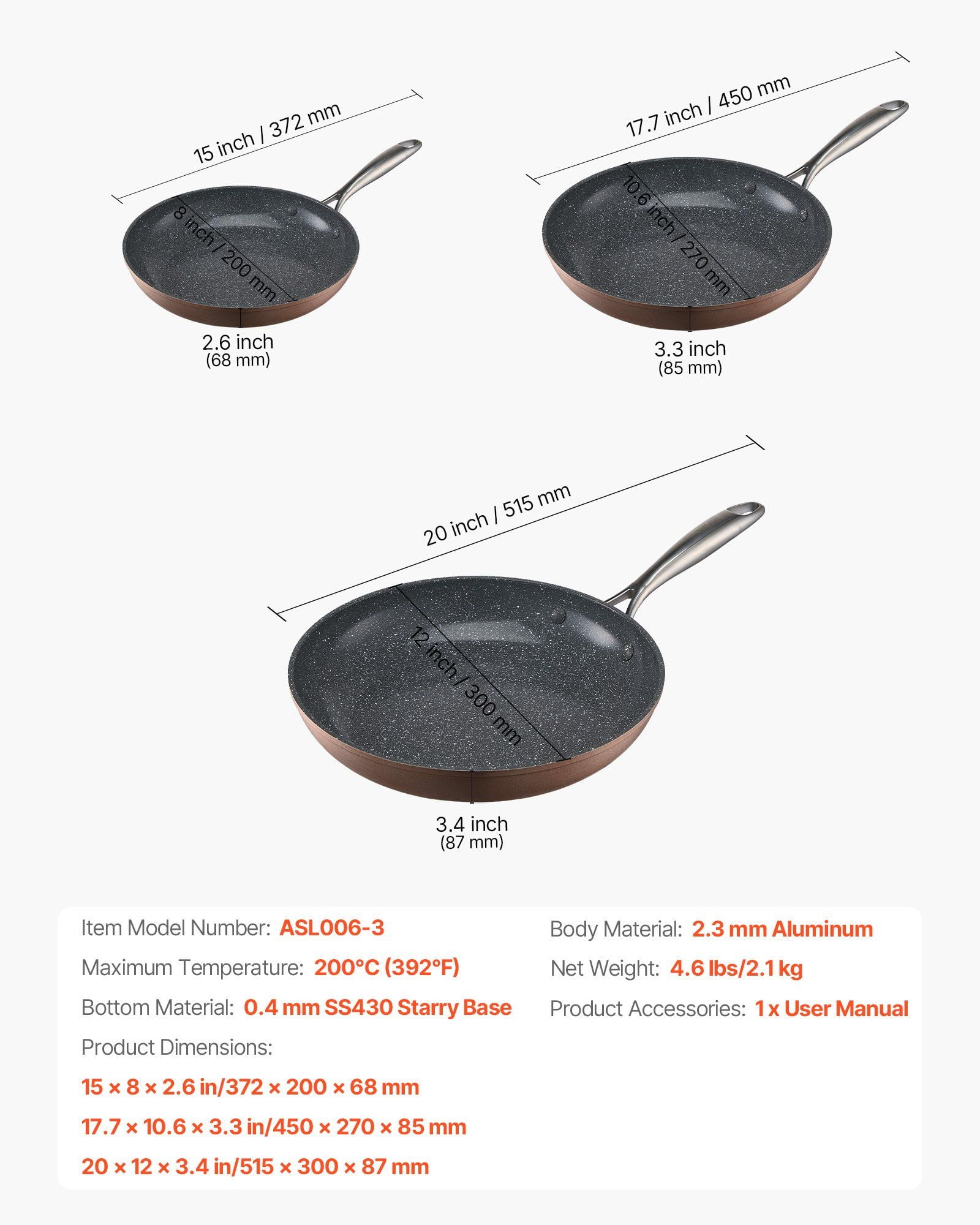 3-Piece Nonstick Aluminum Fry Pan Skillet Set, 8/10/12 Inch, Pre-Seasoned, Grey, Dishwasher Safe & Oven Safe Cookware - Image 2