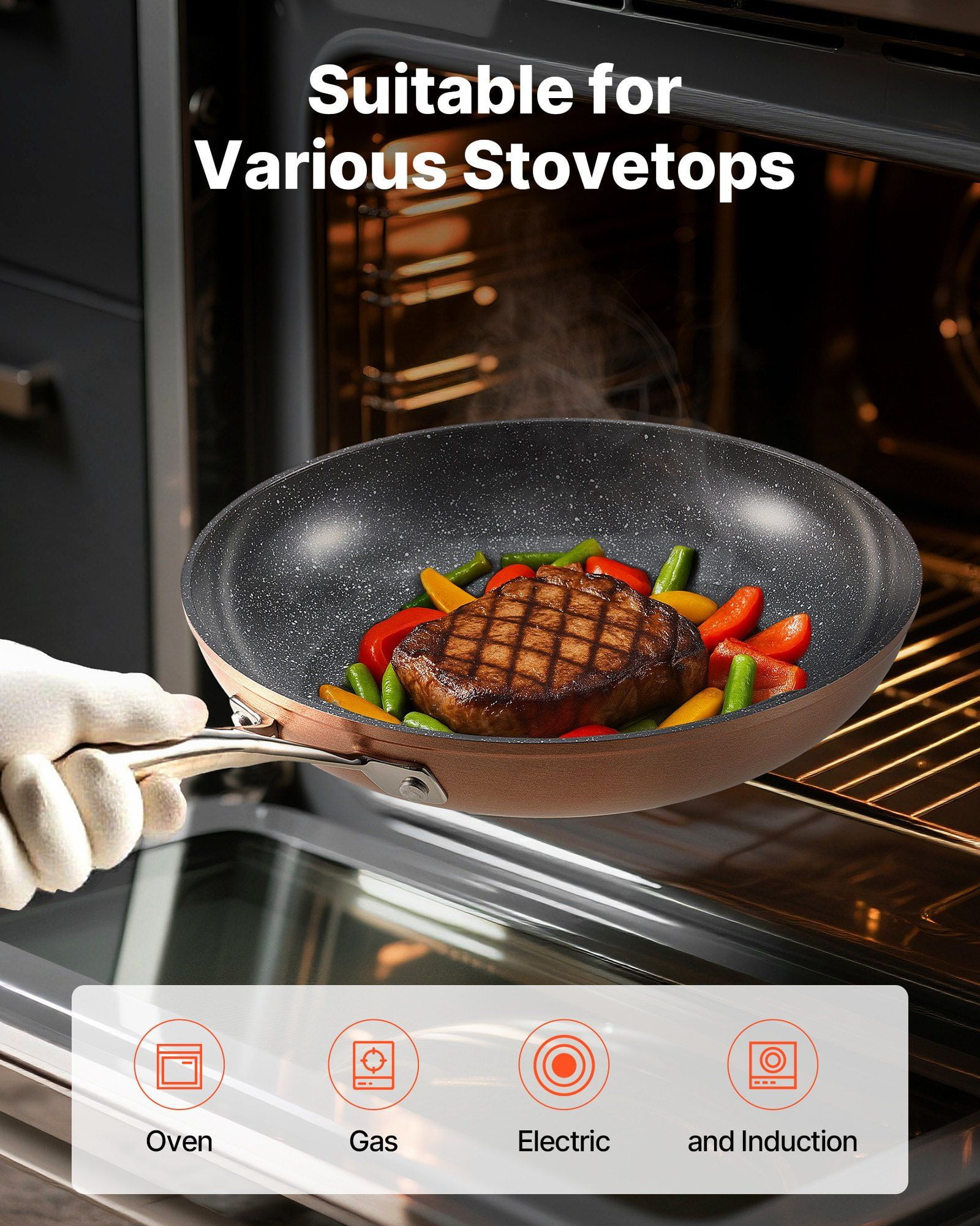 3-Piece Nonstick Aluminum Fry Pan Skillet Set, 8/10/12 Inch, Pre-Seasoned, Grey, Dishwasher Safe & Oven Safe Cookware - Image 3