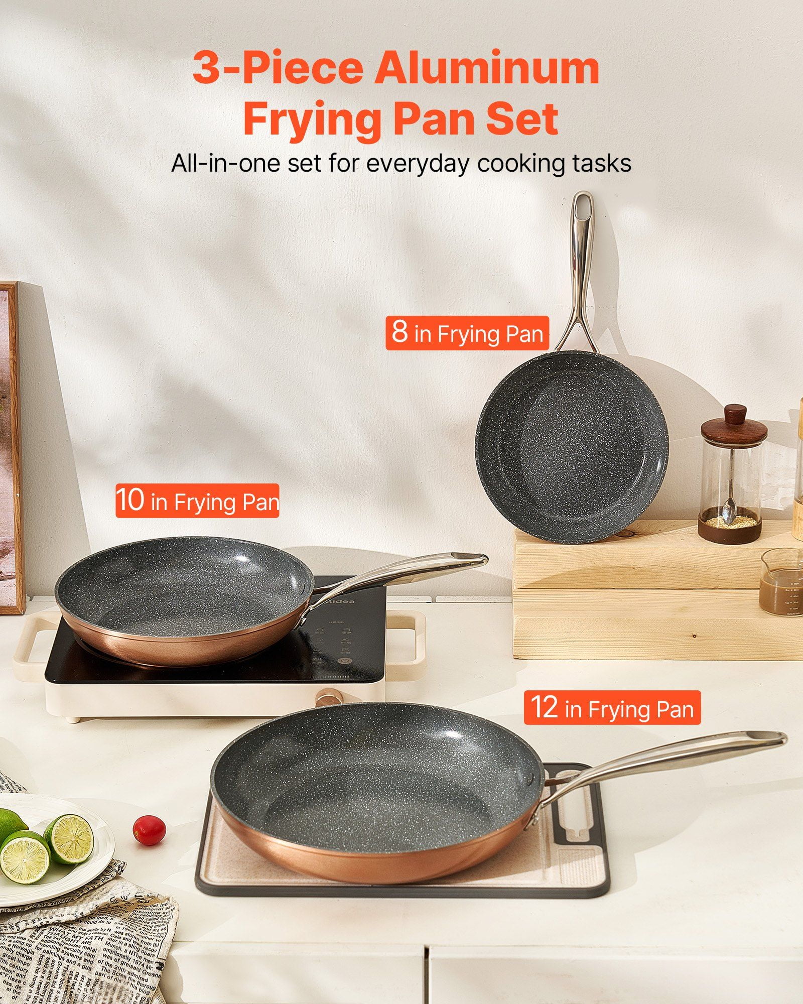 3-Piece Nonstick Aluminum Fry Pan Skillet Set, 8/10/12 Inch, Pre-Seasoned, Grey, Dishwasher Safe & Oven Safe Cookware - Image 4