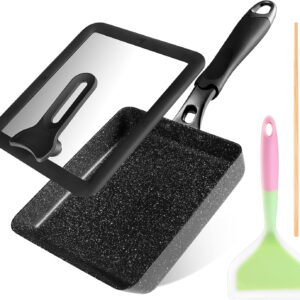 Japanese Egg Pan Tamagoyaki Square Skillet with Cover, PFOA-Free Nonstick Omelet Pan for Home Kitchen, Gas Induction Electric Stove Safe, Black