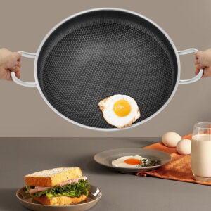 Portable Stainless Steel Pan with Clear Tempered Glass Lid, 13.9" Cooking Non Stick Flatware Paella Pan, Kitchen Frying Skillet, Food Serving Cookware Pot for Deep-Frying/Sauteing, Silver