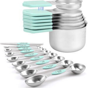 Measuring Cups and Spoons Set- 304 Stainless ,Double Measurement Markings,Set of 16 with Leveler for Measure Dry and Liquid Ingredients (Mint)