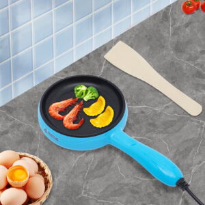 Non-Stick Round Mini Frying Pan Electric Skillet Blue 450W W/ Wooden Spatula