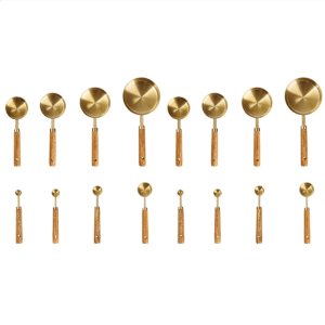 Measuring Cups and Spoons Set of 16, Wood Handle with Metric and US Measurements,Stainless Steel, for Cooking and Baking,16 x Measuring Cups and Spoons Set,Gold