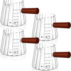4 Pcs 6 Oz/180 ml Espresso Shot Glass with Wood Handle, Espresso Accessories, Single Spouts Milk Frother Measuring Cup with Clear Scale Heat Resistant for Coffee Milk Tea Syrup