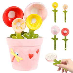 Cute Ceramic Flower Measuring Spoons Set with Base Decorative Flower Pot and Cup Set for Home and Kitchen