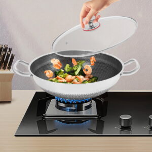 13.19" Honeycomb 401 Stainless Steel Skillet with Tempered Glass Lid - Nonstick & Healthy Frying Pan for All Stovetops