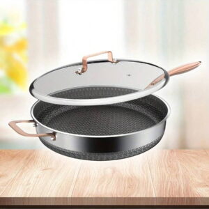 Stainless Steel Wok Fry Pan with Lid, 11.8 Inch Heavy-Duty Non-Stick Cookware, Induction and Gas Stove Compatible Frying Pan for Pasta and Searing, Home and Restaurant Kitchen Pan