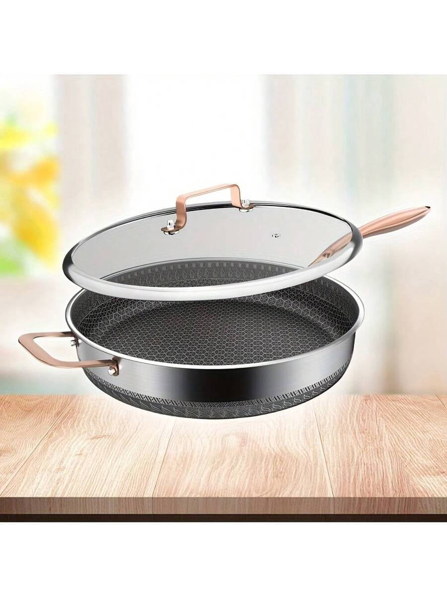 Stainless Steel Wok Fry Pan with Lid, 11.8 Inch Heavy-Duty Non-Stick Cookware, Induction and Gas Stove Compatible Frying Pan for Pasta and Searing, Home and Restaurant Kitchen Pan