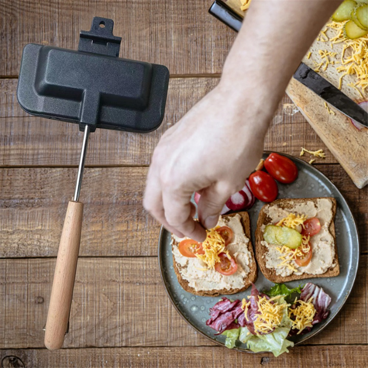 Double-Sided Sandwich Pan Non-Stick Foldable Grill Frying Pan for Breakfast Machine Pancake Maker Bread Toast,1 x Sandwich Baking Tray,Black - Image 6