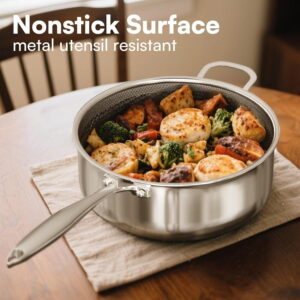 Nonstick Frying Pan with Lid, Hybrid Stainless Steel Skillet, 5 Quart, Dishwasher Safe, Induction Ready, All Cooktops Compatible