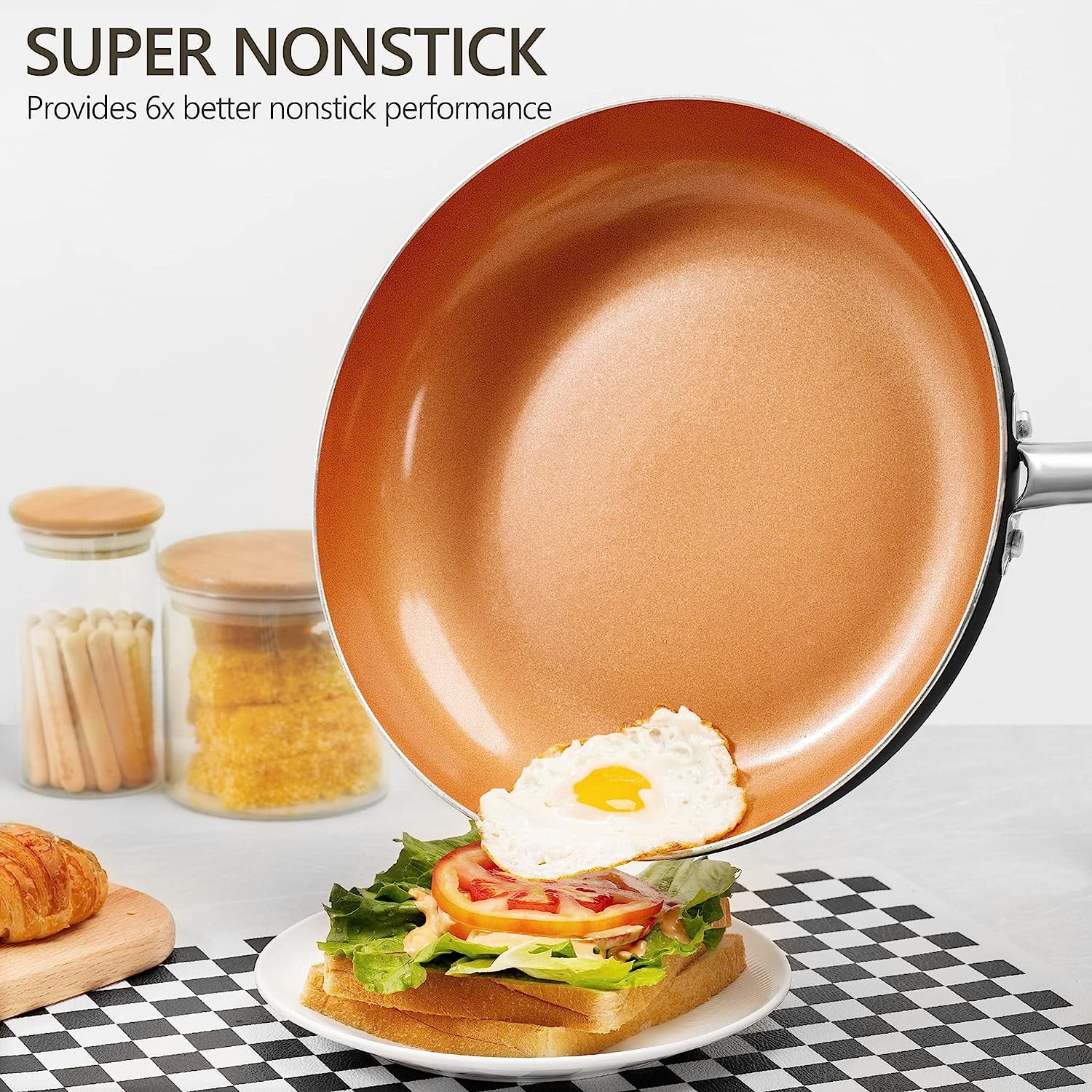 12 Inch Copper Frying Pan with Lid Nonstick Ceramic Skillet Induction Compatible for Healthy Cooking