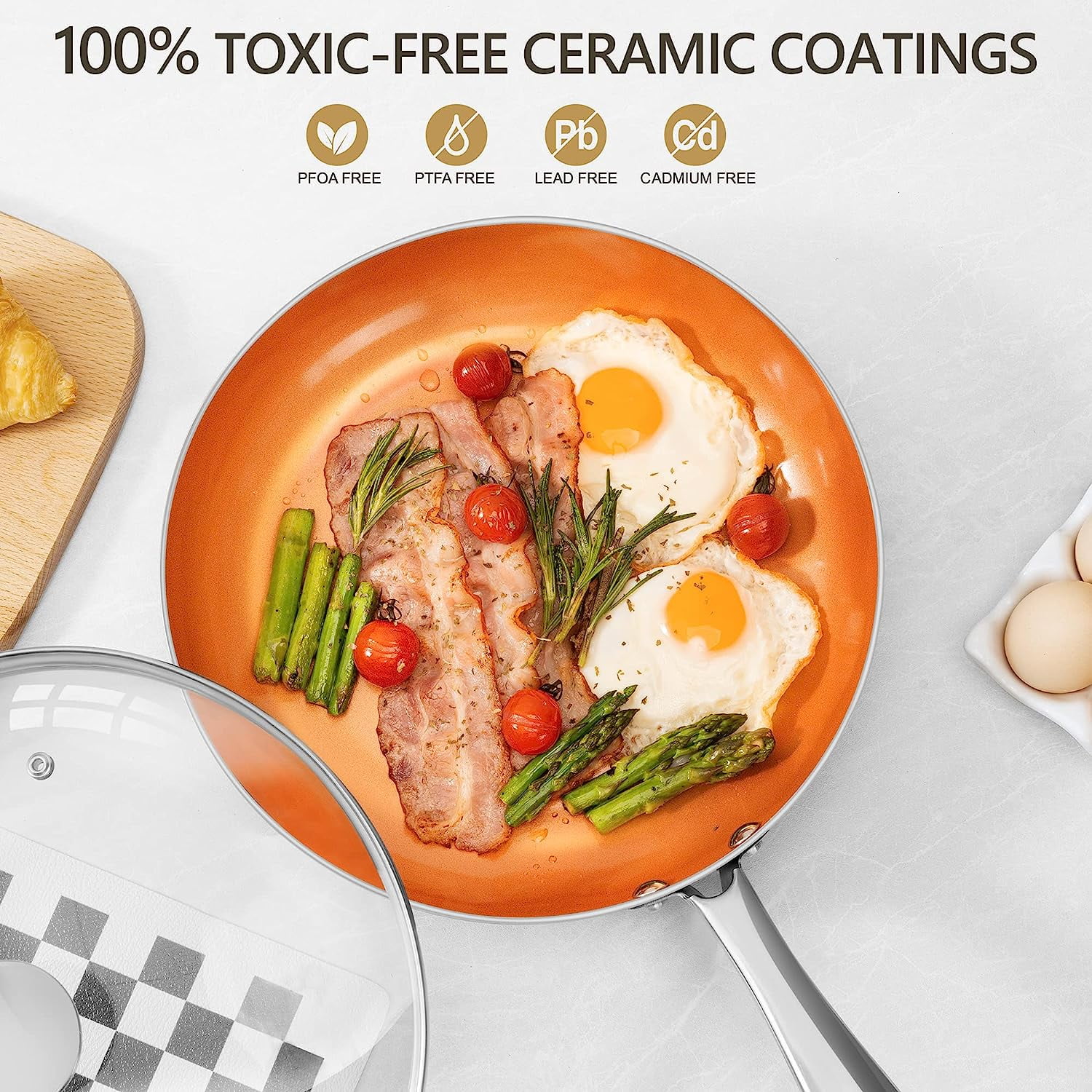 12 Inch Copper Frying Pan with Lid Nonstick Ceramic Skillet Induction Compatible for Healthy Cooking - Image 3