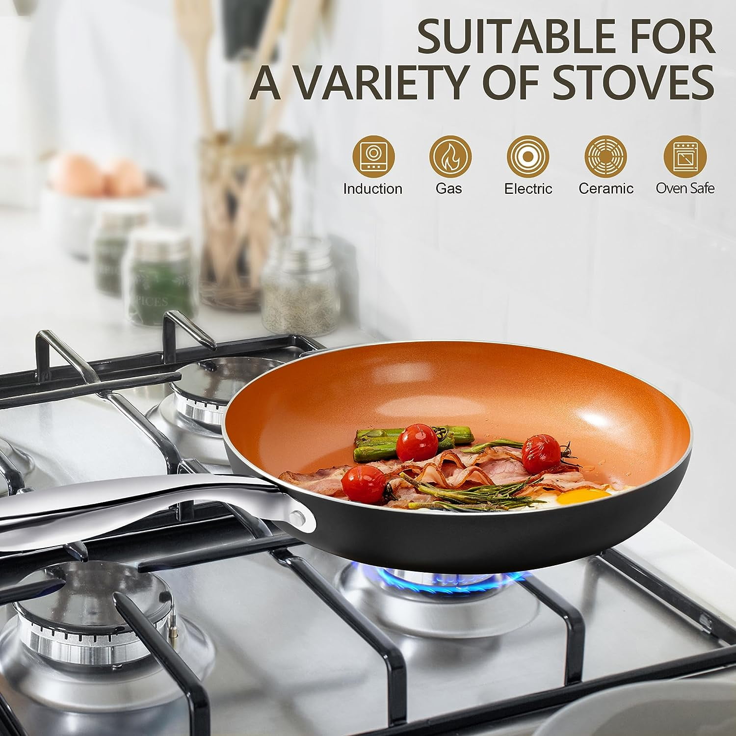 12 Inch Copper Frying Pan with Lid Nonstick Ceramic Skillet Induction Compatible for Healthy Cooking - Image 4