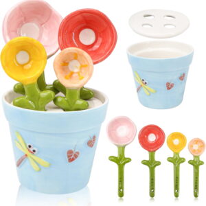 1 Set Flower Measuring Spoons, Ceramic Cactus Measuring Spoons Set In Pot, Decorative Flower Pot and Cup, Cute for Home Kitchen