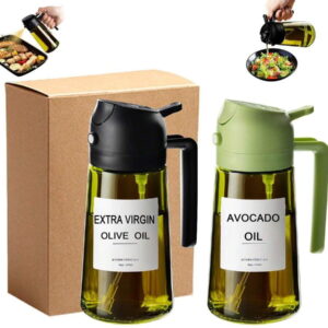 16-Ounce Dark Green Glass Olive Oil Bottle - 2-In-1 Dispenser & Spray with 6 Stickers for Barbecues/Camping/Salads