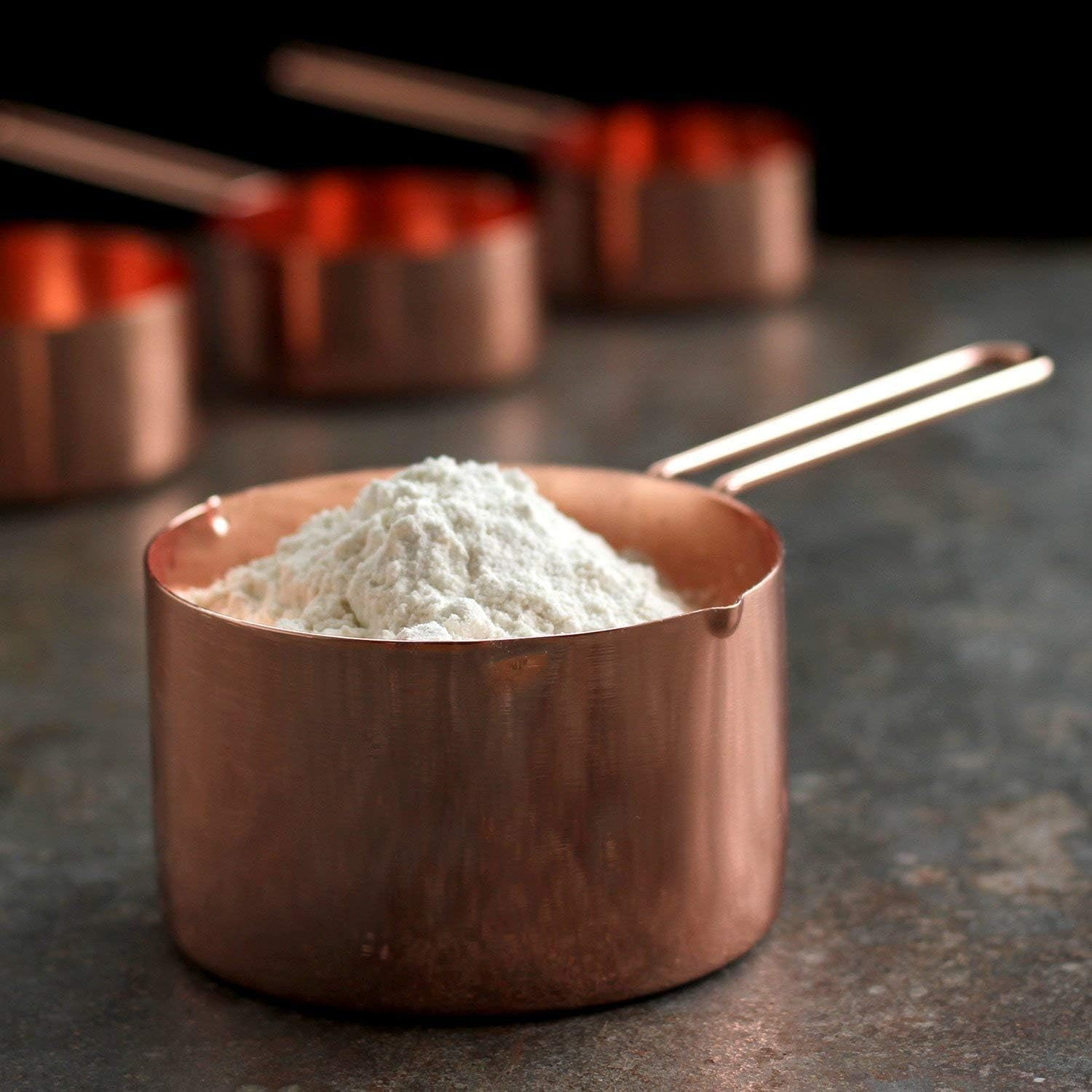 Copper Stainless Steel Measuring Cups and Spoons Set of 8 Engraved Measurements, Pouring Spouts & Mirror Polished for Baking and Cooking Include Magnetic Measurement Conversion Chart by