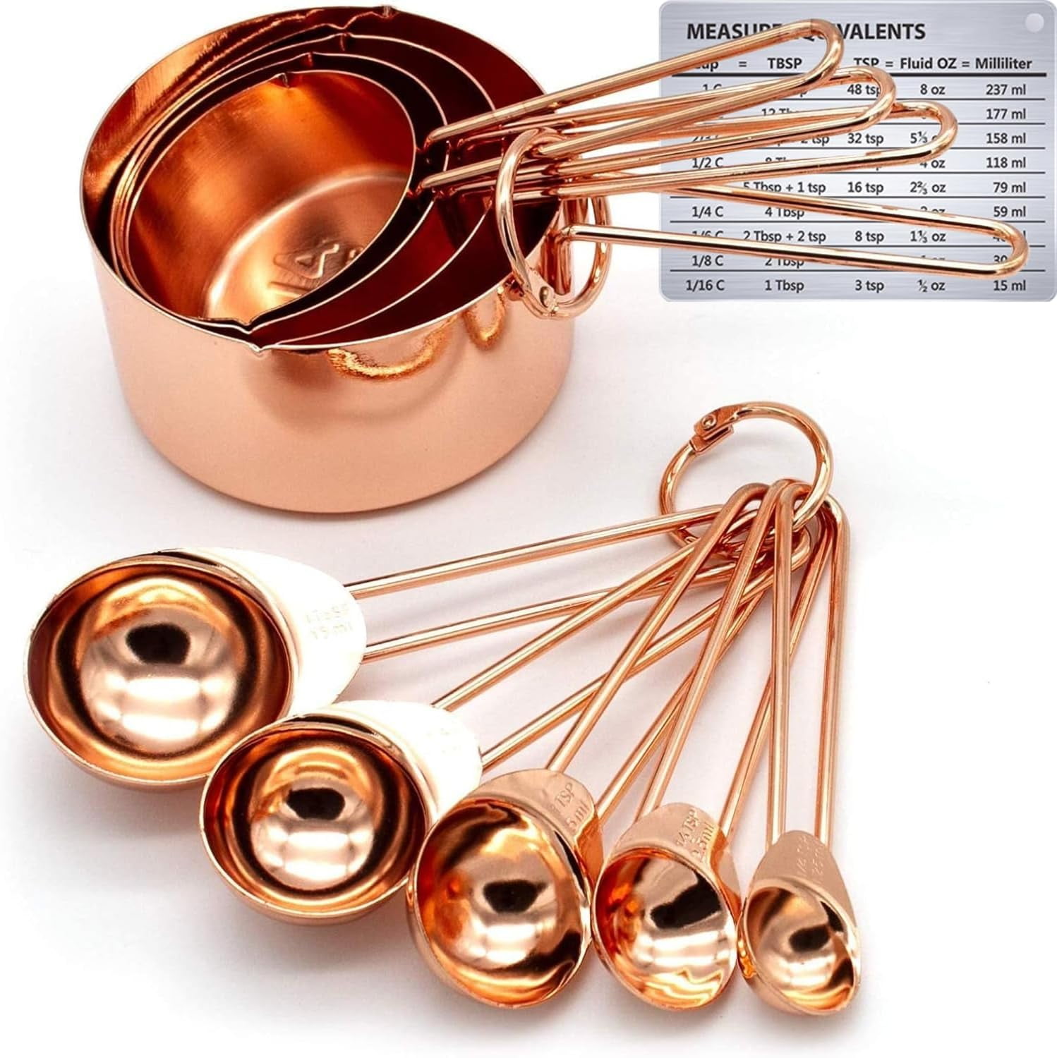 Copper Stainless Steel Measuring Cups and Spoons Set of 8 Engraved Measurements, Pouring Spouts & Mirror Polished for Baking and Cooking Include Magnetic Measurement Conversion Chart by - Image 4