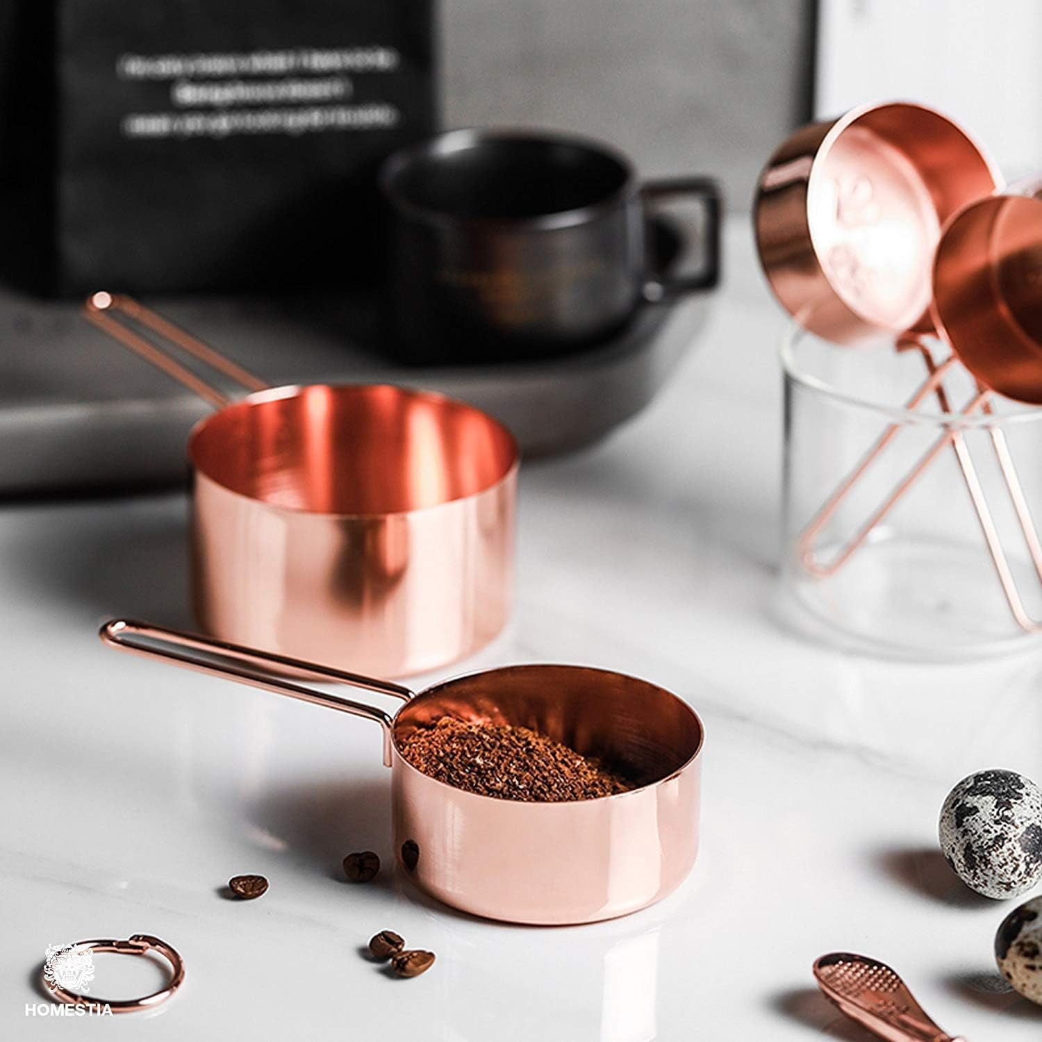 Copper Stainless Steel Measuring Cups and Spoons Set of 8 Engraved Measurements, Pouring Spouts & Mirror Polished for Baking and Cooking Include Magnetic Measurement Conversion Chart by - Image 7