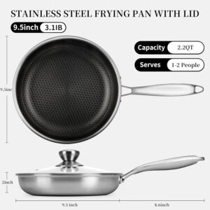 9.5 Inch Stainless Steel Frying Pan with Lid - Nonstick  Skillet for Induction Gas Electric Stoves