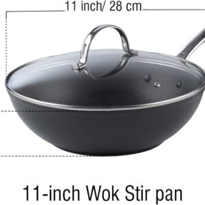 Nonstick Stir-Fry Wok Pan 11-Inch, Hard Anodized Deep Frying Pan with Glass Lid, Flat Bottom, Black