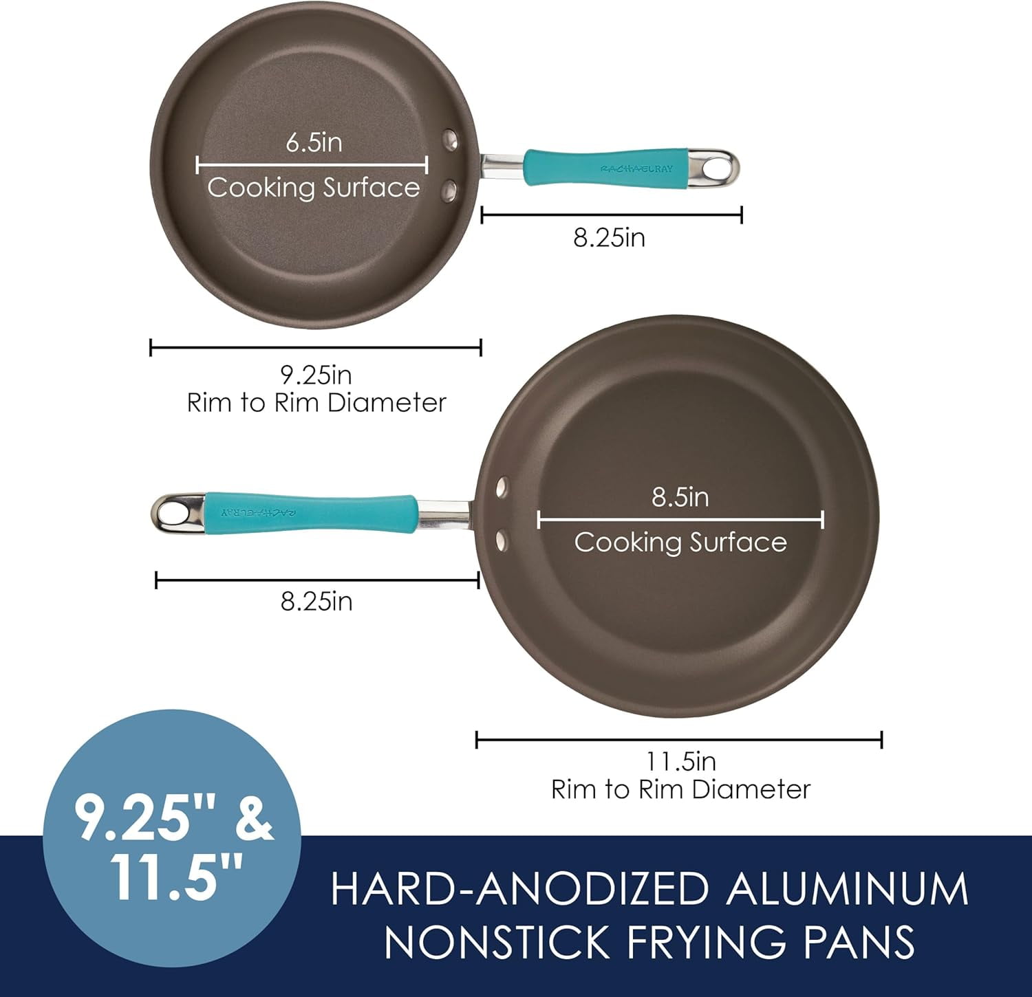 Cucina Hard Anodized Nonstick Frying Pan Set - 9.25 and 11.5 Inch Gray Blue Handles - Image 2