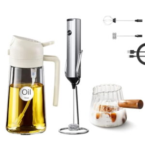 16oz/470ml Glass Olive Oil Sprayer White 180ml Glass Measuring Cup and Rechargeable Milk Frother
